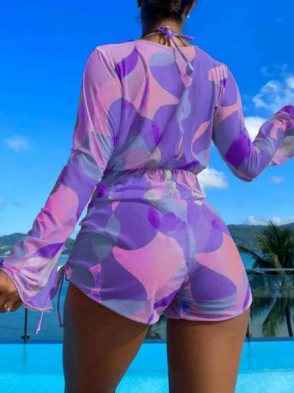 3 Pieces Triangle Halter String Bikini Long Sleeve Swimsuit Women Swimwear Female Bathers Bathing Swimming Swim Suit