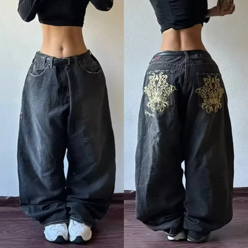 Street Fashion Trend New Pattern Embroidered Baggy Jeans Women Y2K Gothic Vintage Hip Hop Rock Popular High Waist Wide Leg Pants