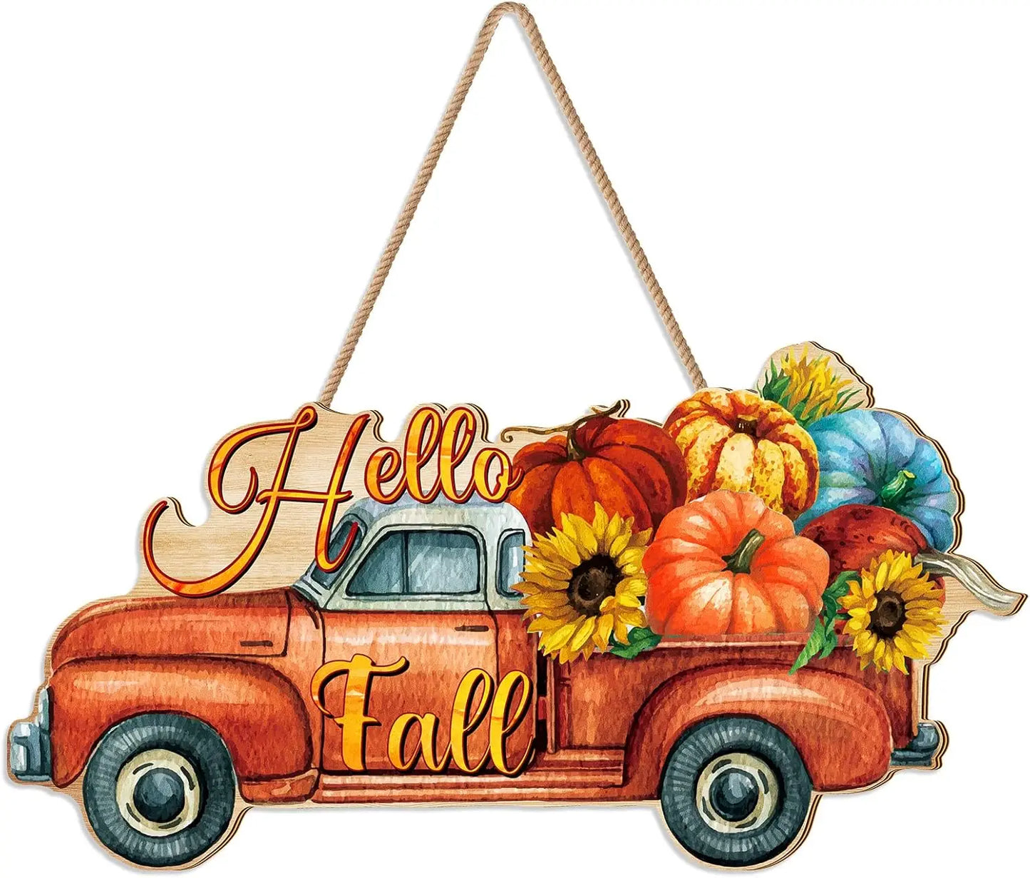 Autumn Pumpkin Welcome Sign - Rustic Wood 'Hello Fall' Hanging Decoration for Thanksgiving, Porch, Home Wall Indoor/Outdoor