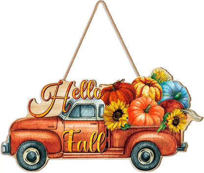 Autumn Pumpkin Welcome Sign - Rustic Wood 'Hello Fall' Hanging Decoration for Thanksgiving, Porch, Home Wall Indoor/Outdoor