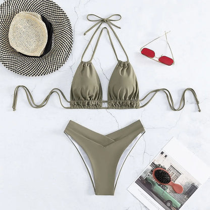 Bathing Suit Tank Bikinis Sets Swimwear 2023 Women Mid Waist Deep V Neck Wide Straps Bikini Summer Beach Wear Swimming купальник