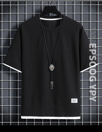 1pcs Men Summer T-Shirt Man Short Sleeved Waffle Solid T-Shirt Male Solid Color Casual Tee Round Men's Round Neck Fashion Top