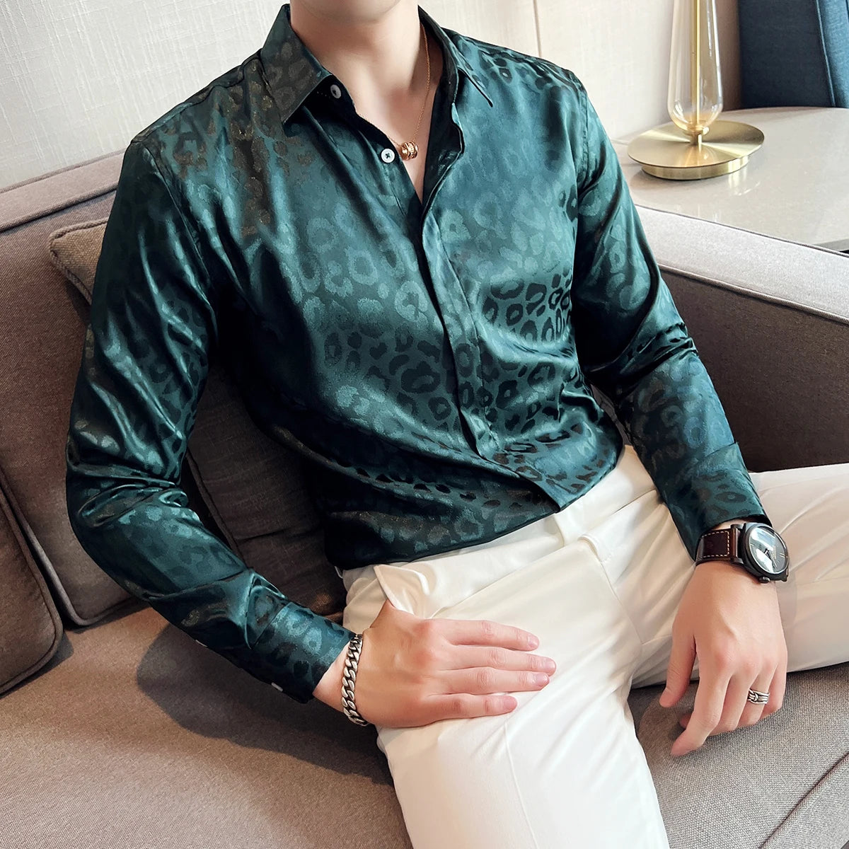 2022 Autumn Fashion Zebra Pattern Printed Shirts Mens Luxury Business Slim Fit Dress Shirt Male Long Sleeve Bright Formal Shirt