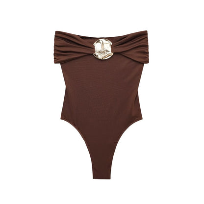 ZBZA Women's Sexy Jumpsuit Gold Button Pleated High Elastic Holiday Beach Solid Color Slim Fit Top Summer New Female Chic Top