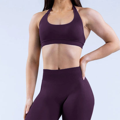 D LOGO Sports Bra Women Seamless Halter Neck Strap Bra with Logo Padded Open Back Yoga Top Bra Medium Support Gym Crop Top