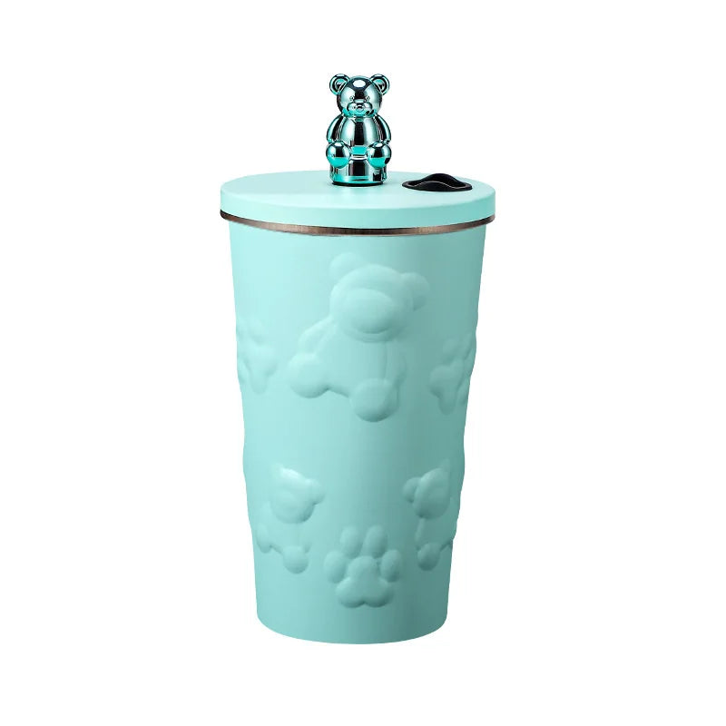 600ml Cute Bear 304 Stainless Steel Coffee Thermos Double Wall Vacuum Insulation with Straw Outdoor Water Bottle Car Cup