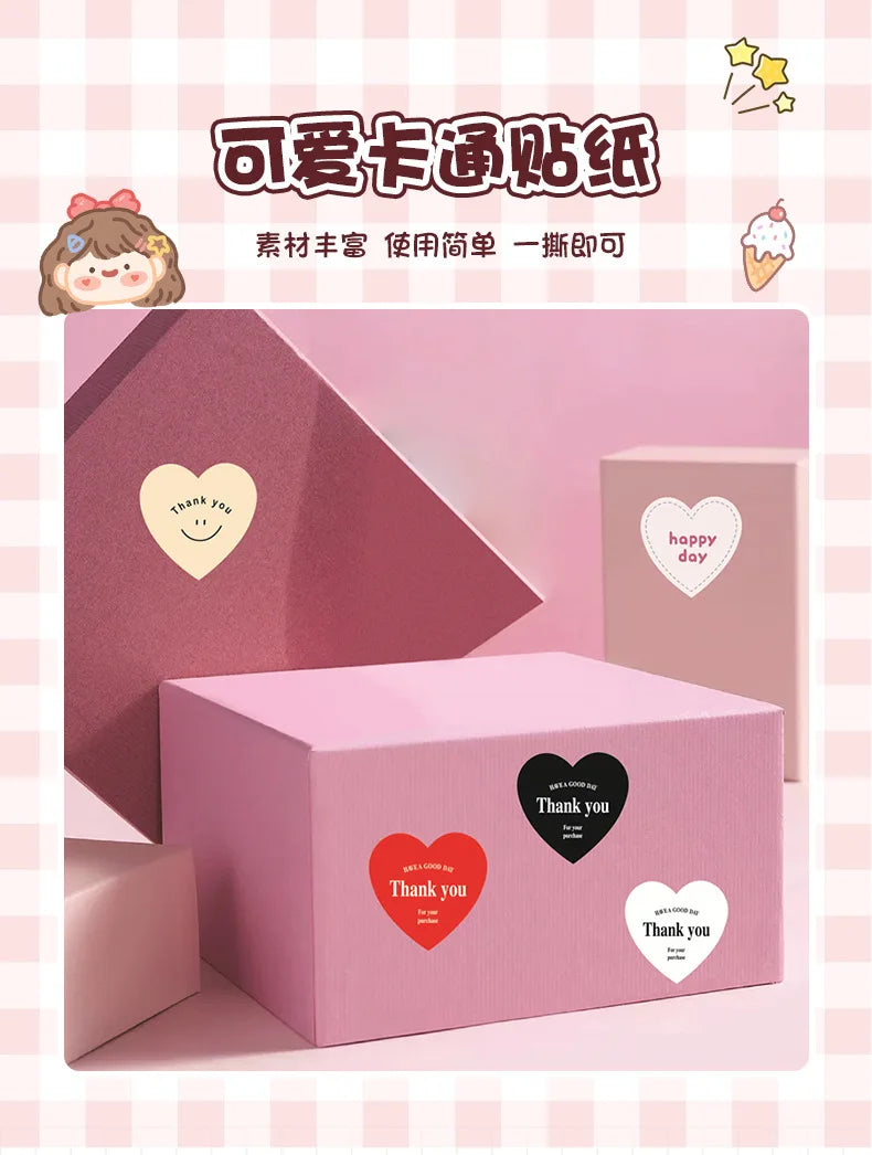 500pcs/roll New Red Heart Thank You Stickers Cute Heart-shaped Decorative Seal Labels for Wedding, Party Gifts, Business Package