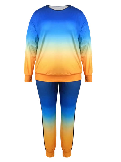 4XL 5XL LW Women Autumn&Winter Plus Size Casual Gradient Print Striped Drawstring Long Sleeve Round Neck Two Pieces Pants Set