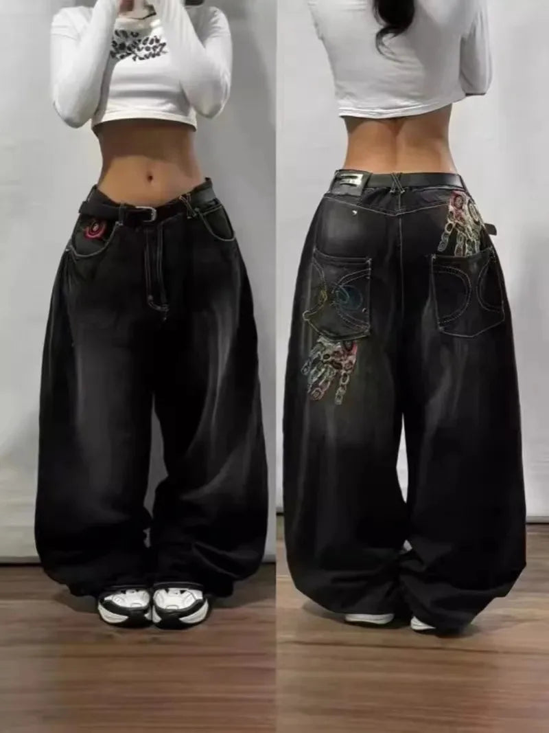 Streetwear Fashion New Letters Embroidered Washed Baggy Jeans Women Y2K Harajuku Gothic Hiphop Popular High Waist Wide Leg Pants