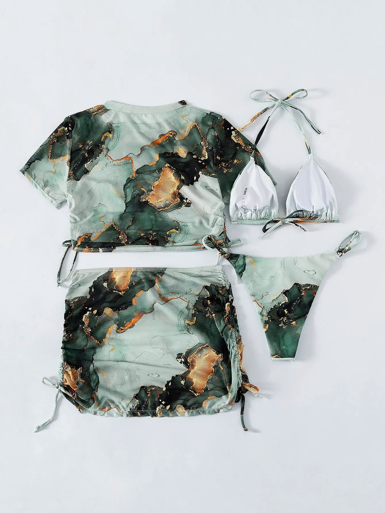 4 Pieces Halter Bikini Swimsuit With Marble Print Cover Up 2025 Swimwear Female Beachwear Bathing Swimming Suit Women Summer