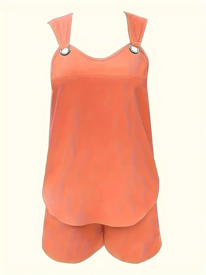 Women's Plus Size 1XL-5XL Two-Piece Solid Chic Casual Set Comfortable Crew Neck Tank Top Grommet Eyelet Detail & Trendy Shorts