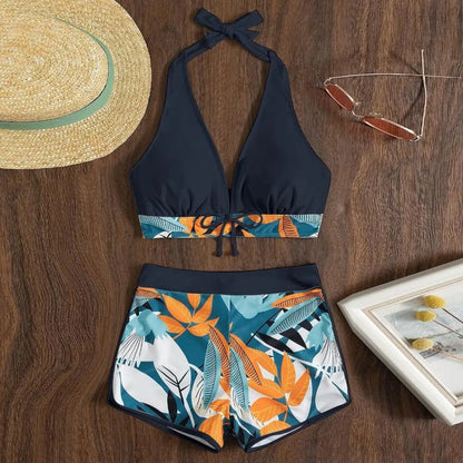 2Pcs/Set Bikinis Set Bowknot Decor Floral Print Bikini Backless Halter Bra High Waist Beachwear Female Beach Clothing