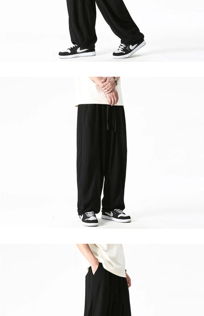 Summer Wide Leg Pants Men's Cotton Linen Harun Loose Pants Men Casual Elastic Waist Circumference Lantern Trousers Plus Size 5XL