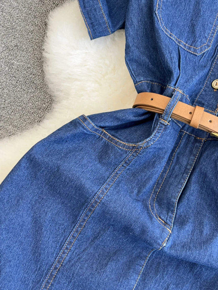 XFPV Women's Sweet Short Denim Dress For Women  Belt Slim Short Sleeved Vestidos Korean Fashion Spring Summer 2025 SM11153