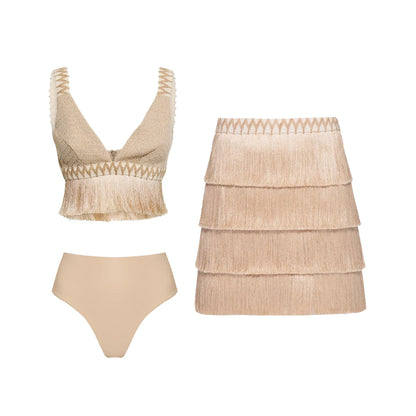 2025 V Neck Fringe Trim Bikini Swimsuit High Waist Swimwear with Skirt for Women Halter Bathing Suits Print Summer Female