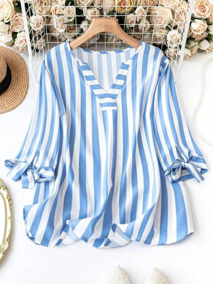 Spring Plaid T-shirt V-neck Jumper Light Breathable European and American Style Beach Travel Clothes