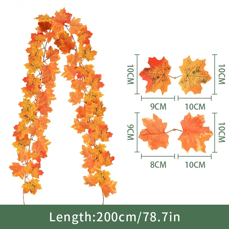 2M Artificial Maple Leaf Garland Thanksgiving Christmas Hanging Wall Decor Fake Fallen Leaves Autumn Decor Rattan Wedding Props