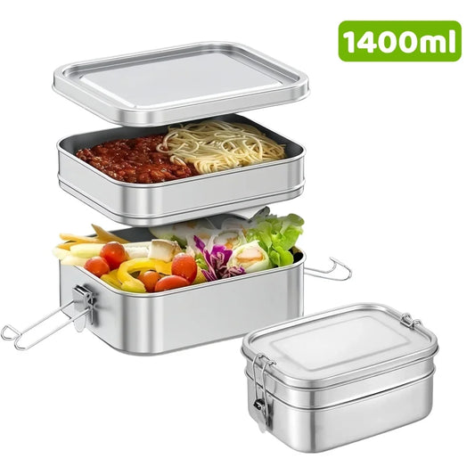 2 Layer Stackable Bento Lunch Box for Kids & Adults, 1400ml Stainless Steel Food Storage Container for School, Work & Travel