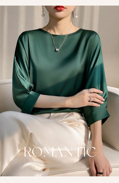 2025 New In Summer Satin Silk Half-Sleeve Tee Tops Basic Solid Women‘s T-Shirt Casual O-neck Thin Shirts Ladies Loose Blouses