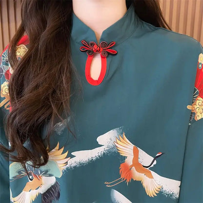 Summer Chinese Style Vintage Printing T-shirt Mini Dress Ladies Short Sleeve Loose Casual A-line Robe Women Stand Collar Vestido