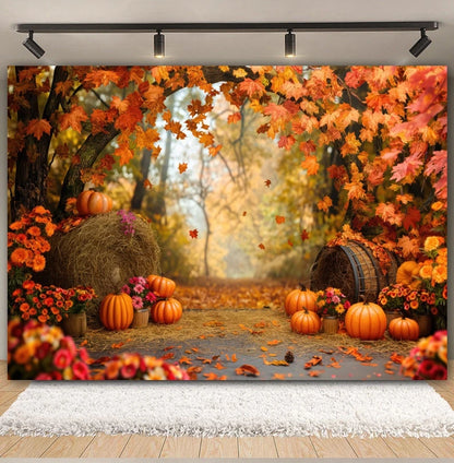 Autumn Backdrop Maple Pumpkin Maple Leaves Forest Haystack Harvest Thanksgiving Baby Portrait Photography Background Photobooth