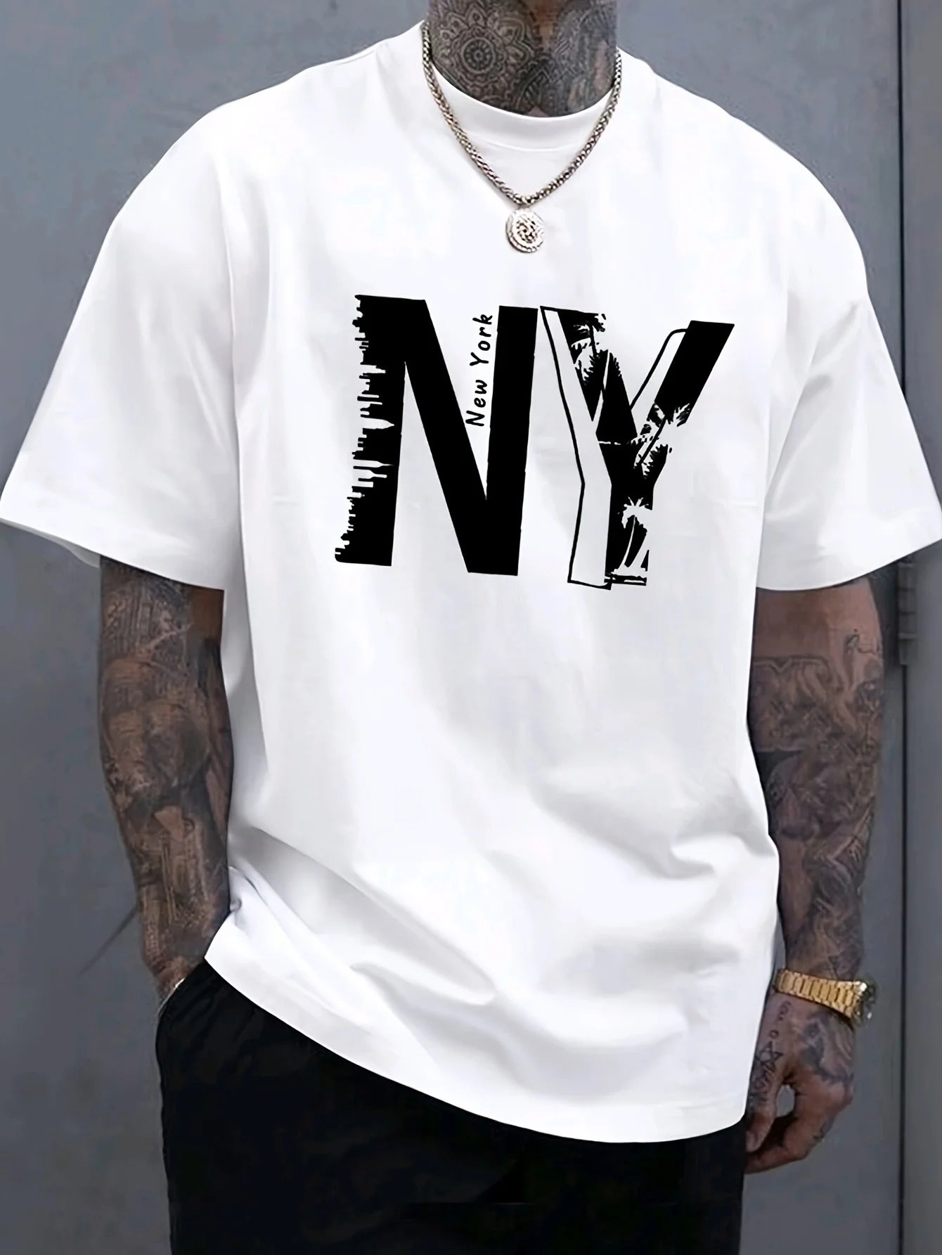Summer men's 100% pure cotton casual loose plus size NY letter printed sports comfortable round neck short sleeved T-shirt top