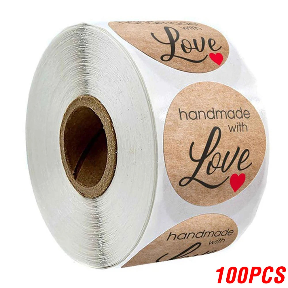 100-500pcs 1inch Vintage Kraft Paper Handmade With Love Stickers for Package Thank You Stationery Adhesive Labels Baking Seals