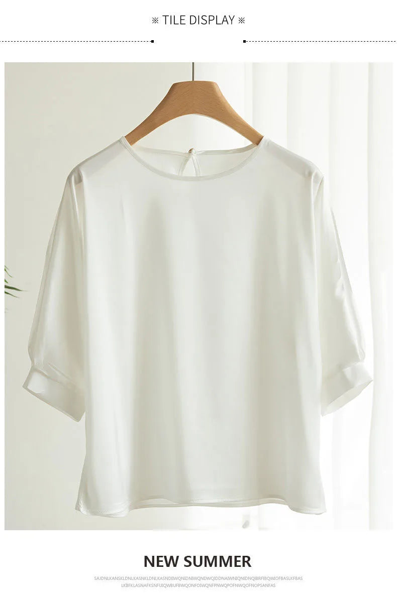 2025 New In Summer Satin Silk Half-Sleeve Tee Tops Basic Solid Women‘s T-Shirt Casual O-neck Thin Shirts Ladies Loose Blouses