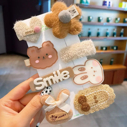 Autumn Winter 8Pcs Kids Hairclip Cartoon Bear Cute Bowknot Baby Princess Hair Accessories Newborn Cream Color Hairclips For Girl