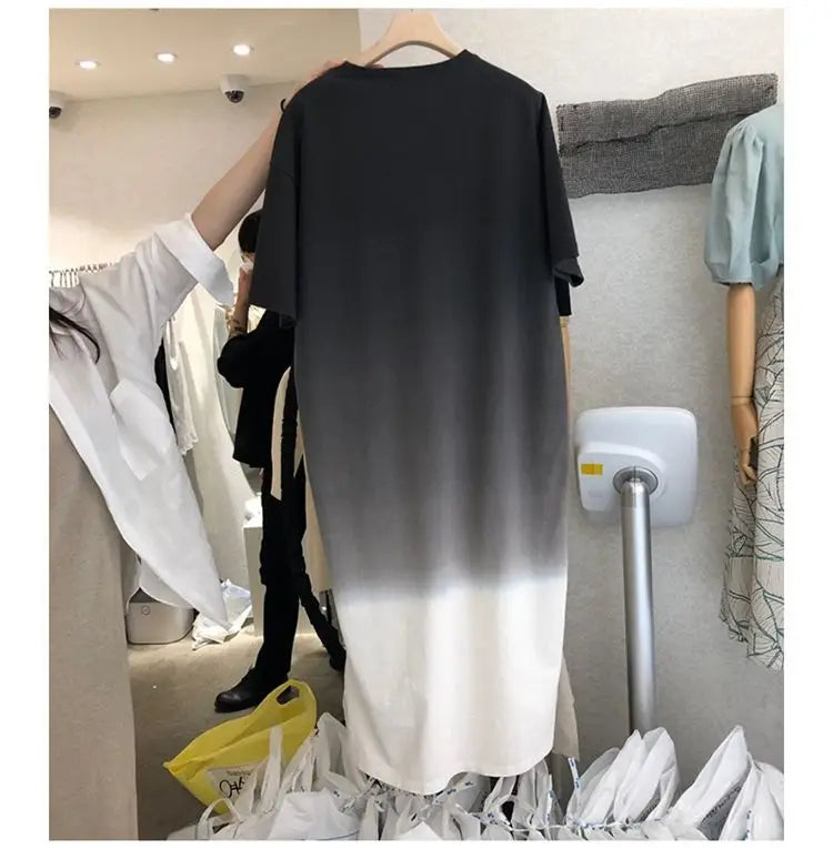 Street Casual Gradient Loose T Shirt Dress Summer New Short Sleeve O-Neck All-match Midi Dress Fashion Trend Women Clothing