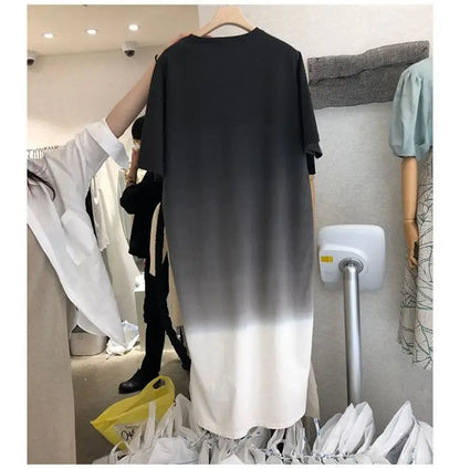Street Casual Gradient Loose T Shirt Dress Summer New Short Sleeve O-Neck All-match Midi Dress Fashion Trend Women Clothing
