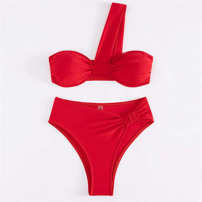 Brown One Shoulder Bikini High Waist Sexy Swimsuit Women 2025 Solid Swimwears Bathing Suit Bandeau Bikinis Sets De Mujer Biquini
