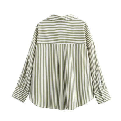 UNIZERA Women's Basic Striped Shirt with Collar Pocket Buckle Decoration Spring/Summer New Women's Shirt Top