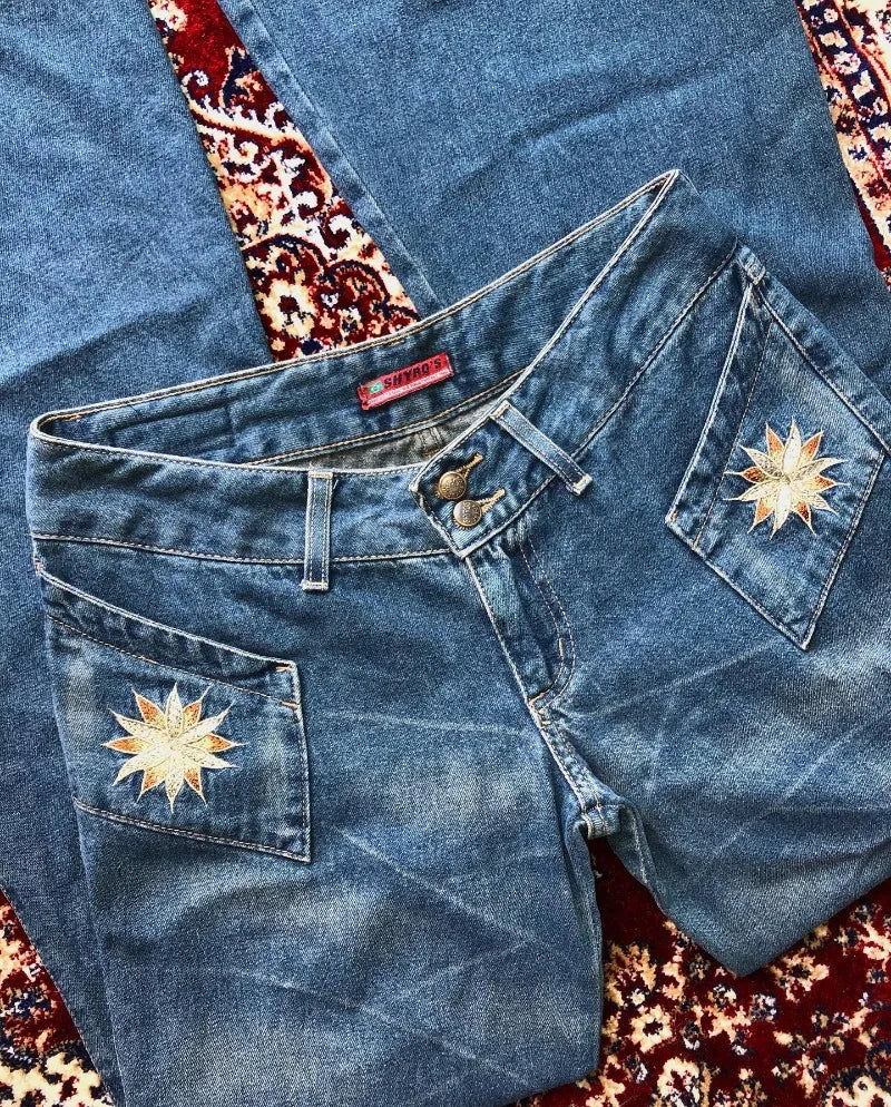 Streetwear Fashion Blue Washed Flowers Embroidered Baggy Jeans Women Y2K Harajuku Vintage Hip Hop Casual Slim High Waisted Jeans