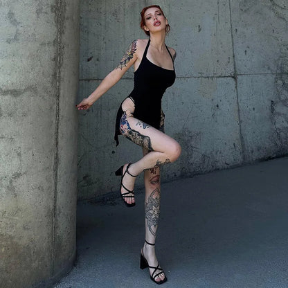 Y2K summer new solid color backless hollow hanging neck sexy spicy girl tight fitting dress
