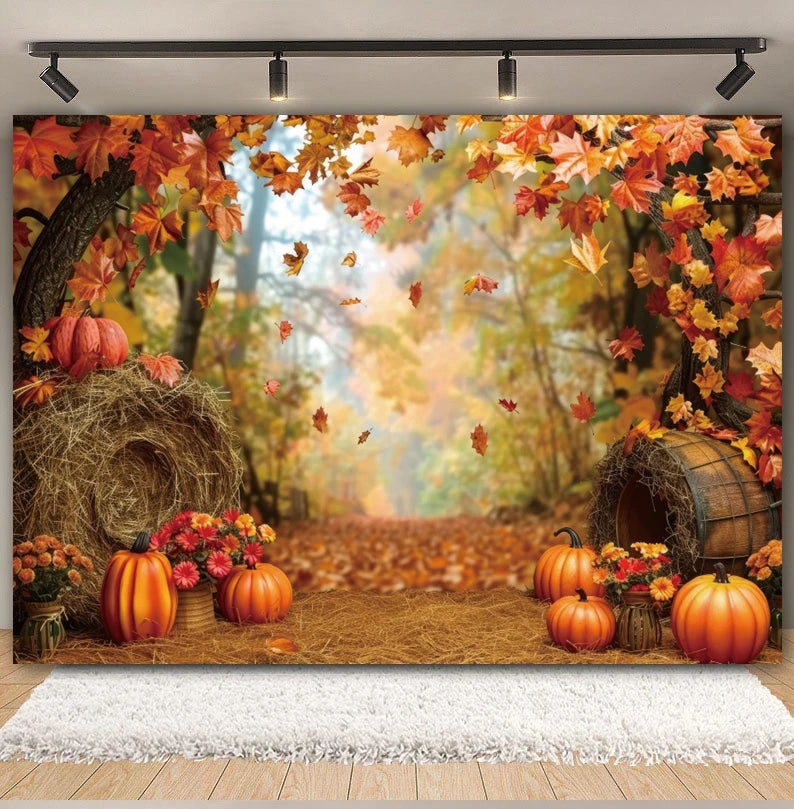 Autumn Backdrop Maple Pumpkin Maple Leaves Forest Haystack Harvest Thanksgiving Baby Portrait Photography Background Photobooth