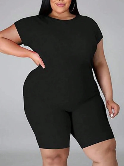 2024 Spring and Summer Plus Size Set Summer Simple New Solid Color Short Sleeve Round Neck Loose Casual Elastic Pants Set