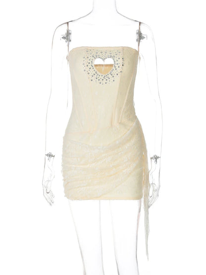 Woman Clothing Rhinestones Loving Heart Cut Out Party Dress Chic Strapless Off Shoulder Bandage Short Evening Gowns Club Dress