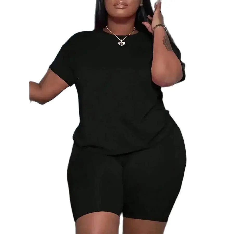 2024 Spring and Summer Plus Size Set Summer Simple New Solid Color Short Sleeve Round Neck Loose Casual Elastic Pants Set