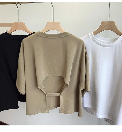 Summer New Ladies Casual Backless T-Shirt 2023 Korean Women Round Neck Loose Sweet Spicy Wind Short-Sleeved Crop Tops