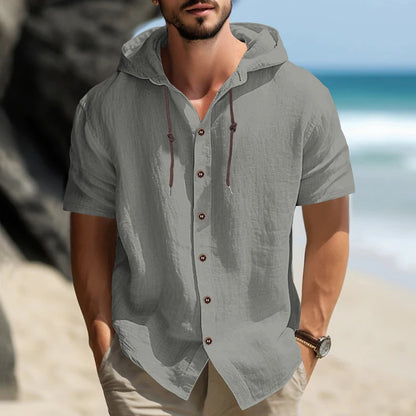 Summer cotton linen men's short sleeved shirt in US size solid color hooded casual T-shirt plus size men's clothing