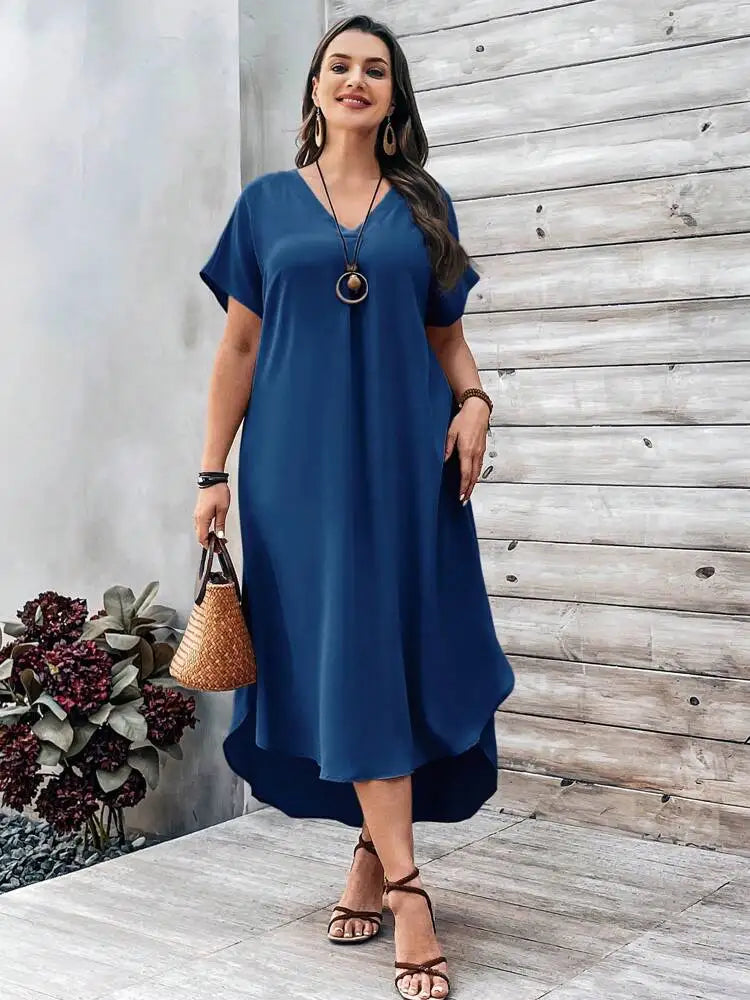2024 Spring and Summer Cross border European and American New Large Women's Fashion Casual V-neck Dress for Women Plus Size