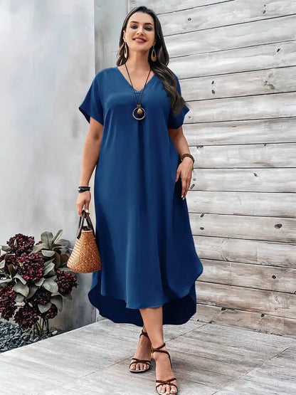 2024 Spring and Summer Cross border European and American New Large Women's Fashion Casual V-neck Dress for Women Plus Size