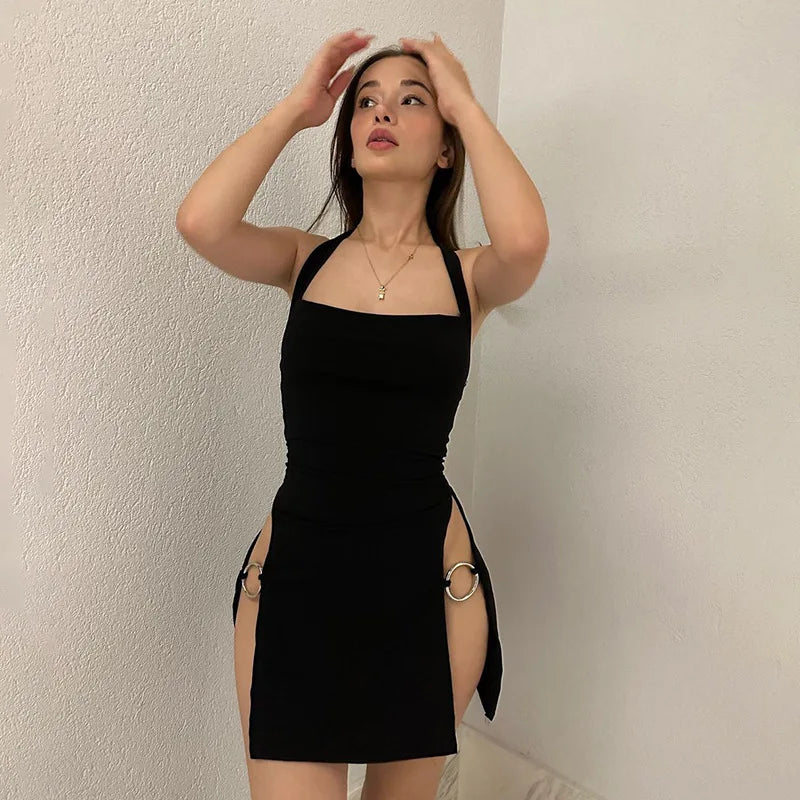 Y2K summer new solid color backless hollow hanging neck sexy spicy girl tight fitting dress