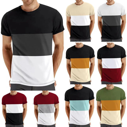 2024 Summer oversized casual round neck short sleeved men's contrasting color patchwork T-shirt fitness sports t-shirt