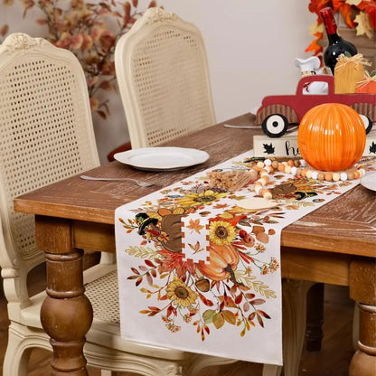 Thanksgiving Fall Turkey Pumpkin Floral Linen Table Runner for Autumn Kitchen Wedding Party Table Decor Thanksgiving Decorations