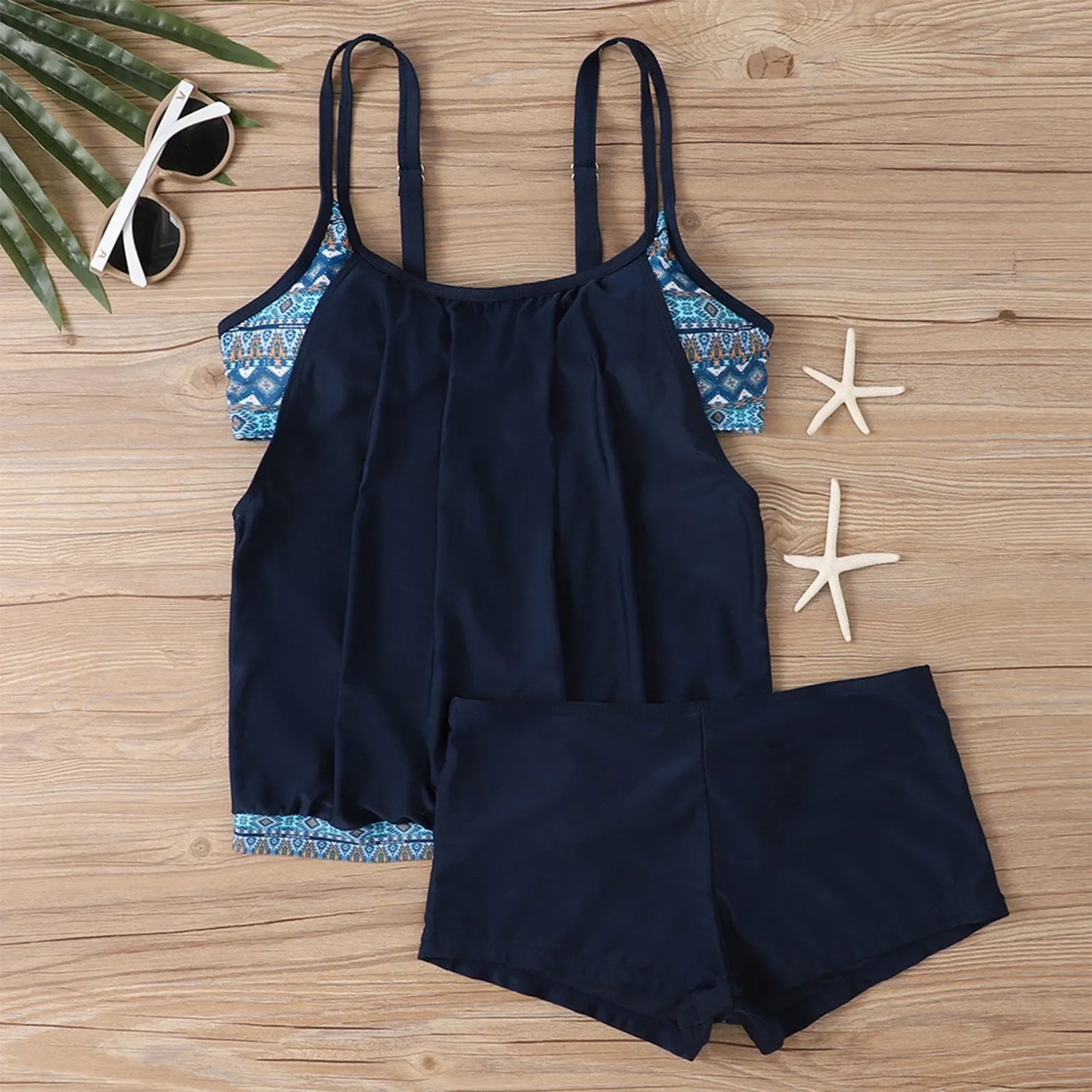 Women's Sexy Slim fit printed suspenders slit boxer shorts bikini plus size swimsuit two piece comfortable pretty swimwear swims
