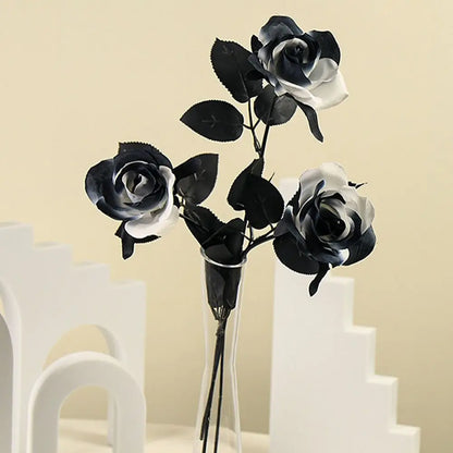 Black White Halloween Artificial Rose Flowers Soft Silk Real Touch Faux Flowers Non-Fading Gothic Simulation Flowers