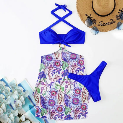 3Pcs/Set Women Swimwear Halter With Skirt Push Up Swim Pool Matching Sexy High Waist Thong Bikinis Set Water Sports Accessory