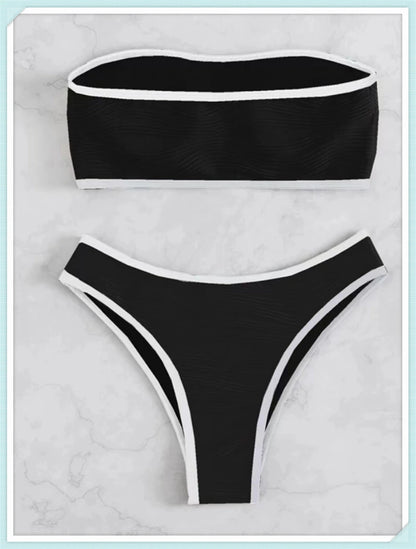 2023 Women Sexy Thong Swimsuit Push Up Swimwear Contrast Binding Bandeau Bikinis Female Bathing Suit Swimming Summer Beachwear